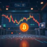 Escena realista de redacción con el logo de Bitcoin deslizándose por una gráfica de precios digital mientras los logos de los ETF se desvanecen, señalando grandes salidas.