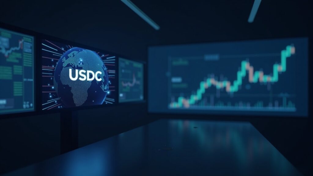 Redacción fotorrealista con un globo y el logo de USDC en una pantalla, un gráfico descendente que ilustra la divergencia on‑chain frente a las acciones.