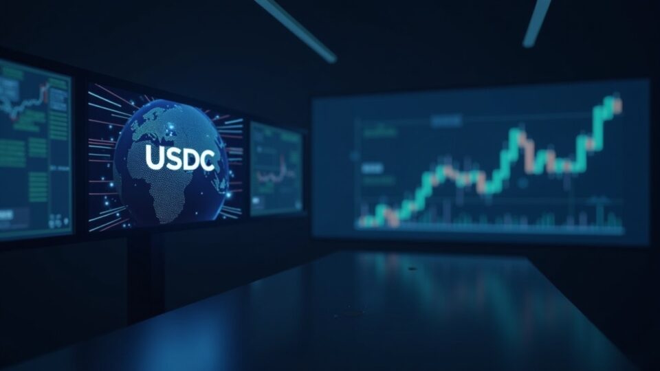 Redacción fotorrealista con un globo y el logo de USDC en una pantalla, un gráfico descendente que ilustra la divergencia on‑chain frente a las acciones.