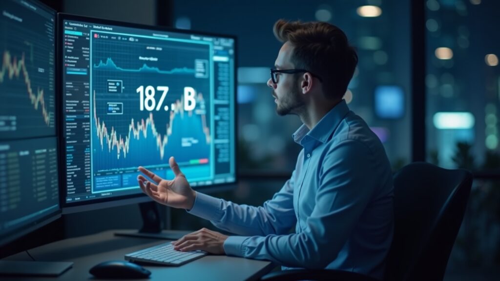 Analista en una mesa de operaciones moderna gesticulando hacia una pantalla holográfica de la capitalización de mercado de USDT en 187.3B con indicadores de paridad.