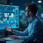 Analista en una mesa de operaciones moderna gesticulando hacia una pantalla holográfica de la capitalización de mercado de USDT en 187.3B con indicadores de paridad.