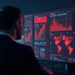 Inversor de capital de riesgo fotorrealista, con traje, estudiando un panel de criptomonedas que muestra pérdidas en rojo, con un horizonte urbano detrás.