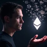 Retrato realista de Vitalik Buterin con corrientes de tokens convergiendo hacia un logotipo wETH resplandeciente