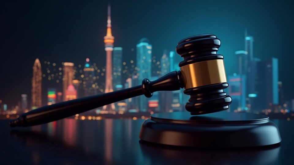 Logotipo de WLFI con las banderas de U.S. y UAE, blockchain luminosa y un mazo judicial que señala el escrutinio de un acuerdo cripto transfronterizo.