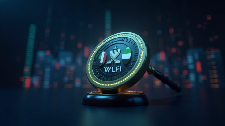 Logotipo del token WLFI en el centro con motivo de Trump, gráfico de precios fluctuante, mazo y holograma de la bandera de UAE en una sala de redacción cripto.