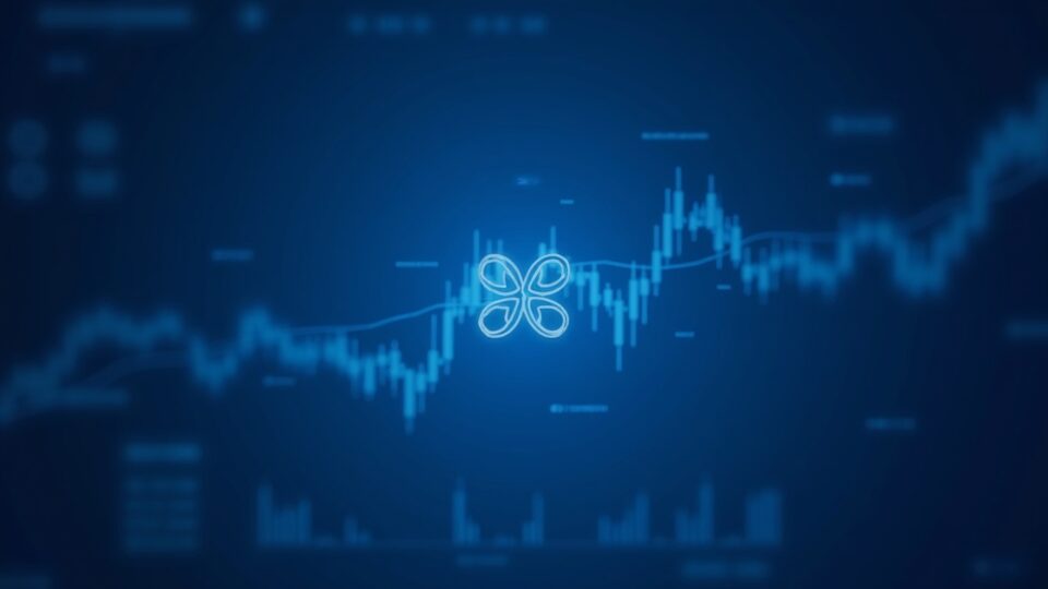 Encabezado fotorrealista con un logo de XRP centrado sobre un gráfico de precios con fuerte caída y una iluminación de sala de redacción en azul frío.