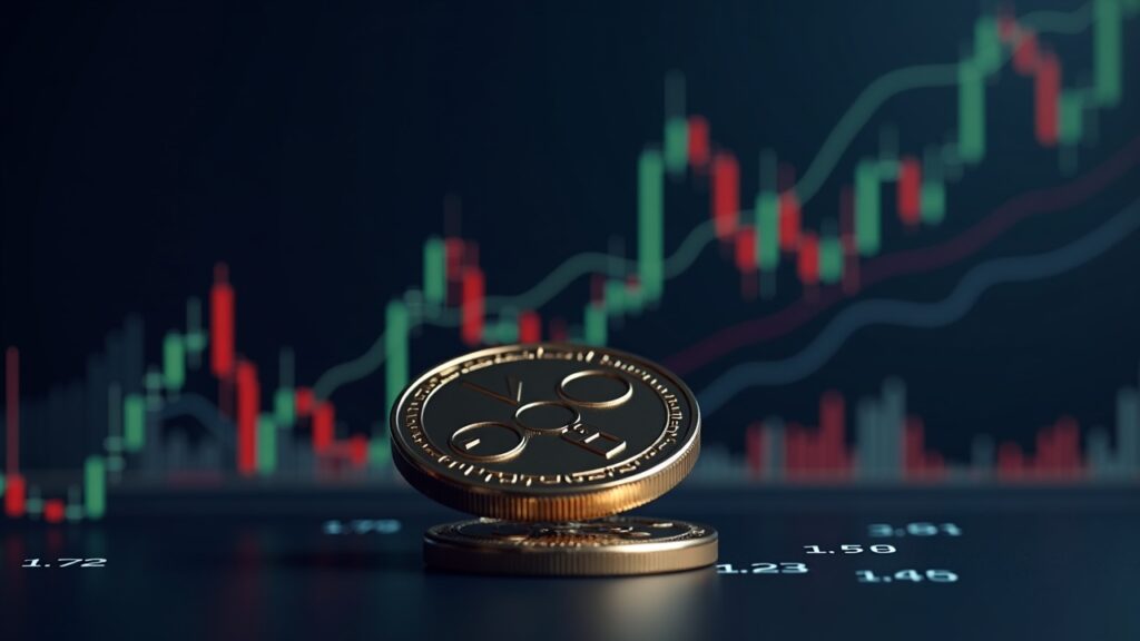 Moneda XRP fotorrealista con un gráfico de precios translúcido que muestra una tendencia a la baja y zonas de soporte etiquetadas.
