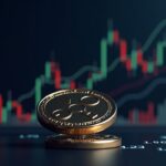 Moneda XRP fotorrealista con un gráfico de precios translúcido que muestra una tendencia a la baja y zonas de soporte etiquetadas.