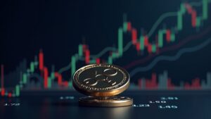 Moneda XRP fotorrealista con un gráfico de precios translúcido que muestra una tendencia a la baja y zonas de soporte etiquetadas.
