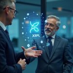 Un inversor sénior en una oficina moderna estrecha la mano frente a un libro mayor holográfico de Ripple XRPL que muestra fondos tokenizados.