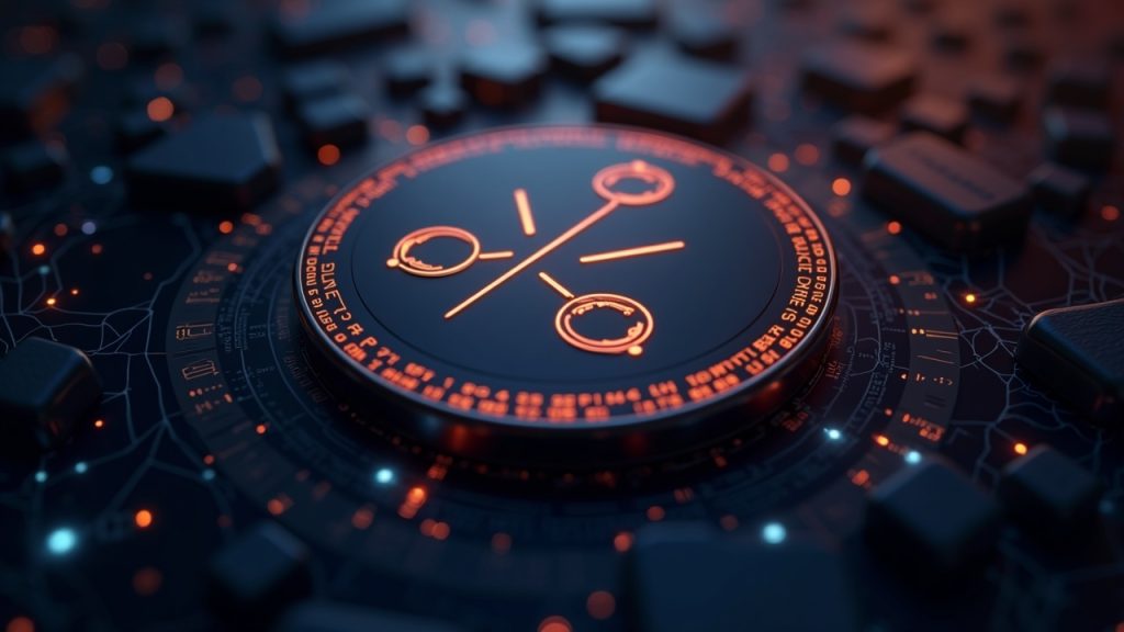Logotipo fotorrealista de XRP sobre el libro mayor XRPL con la marca RLUSD y Binance, señalando adopción institucional y liquidez en cadena.