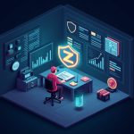 Escena futurista de una sala de prensa que muestra el icono de escudo de Zcash, la silueta de un minero, saldos protegidos en aumento y un gráfico de precios limpio.
