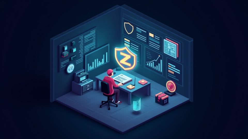 Escena futurista de una sala de prensa que muestra el icono de escudo de Zcash, la silueta de un minero, saldos protegidos en aumento y un gráfico de precios limpio.