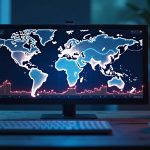 Photorealistic crypto trading desk with a holographic forecast map showing future liquidity hotspots in a sleek DeFi setting
