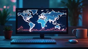 Photorealistic crypto trading desk with a holographic forecast map showing future liquidity hotspots in a sleek DeFi setting