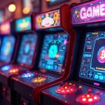 Photorealistic arcade cabinets beside GameFi dashboards, neon tokens rise while Bitcoin fades, highlighting liquidity rotation.