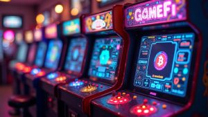 Photorealistic arcade cabinets beside GameFi dashboards, neon tokens rise while Bitcoin fades, highlighting liquidity rotation.