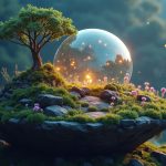 Photorealistic center image of a Terrarium atop a Lunacia land plot, Ronin network nodes, and Axie DAO governance symbol.