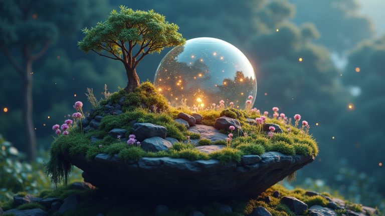 Photorealistic center image of a Terrarium atop a Lunacia land plot, Ronin network nodes, and Axie DAO governance symbol.