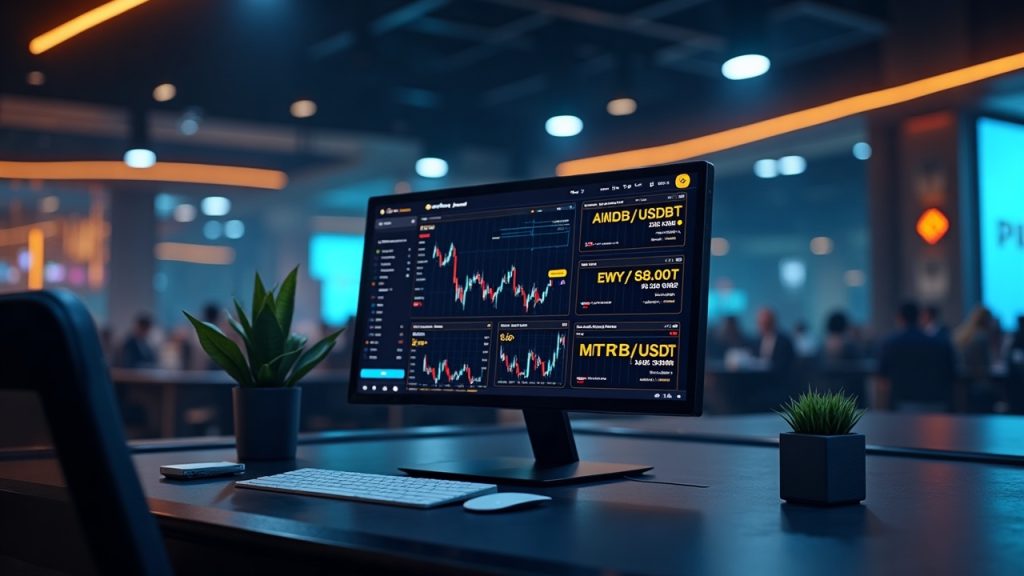 Photorealistic trading desk displays AMDB/USDT, EWYB/USDT, INTCB/USDT, MSTRB/USDT on a futuristic Binance-like UI.