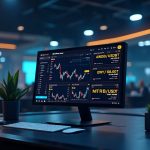 Photorealistic trading desk displays AMDB/USDT, EWYB/USDT, INTCB/USDT, MSTRB/USDT on a futuristic Binance-like UI.