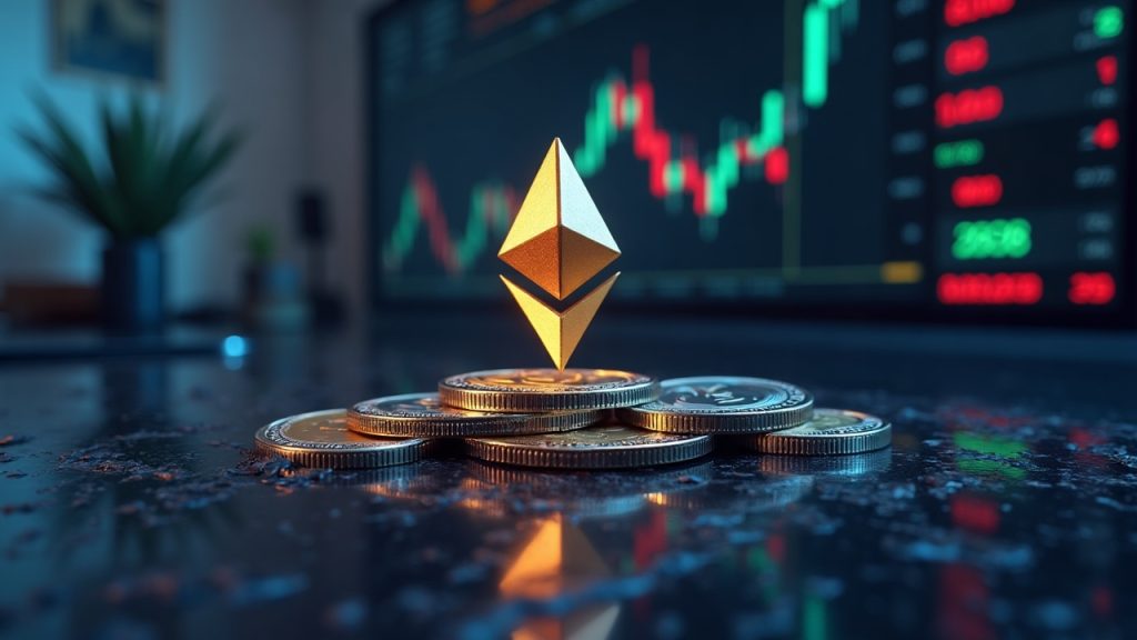 Photoreal crypto newsroom header with Ethereum symbol, hub, fading order books; Binance leads 40% of ETH derivatives.