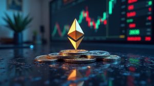 Photoreal crypto newsroom header with Ethereum symbol, hub, fading order books; Binance leads 40% of ETH derivatives.