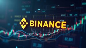 Binance logo centered with holographic futures charts illustrating $22.27B open interest in a data-driven newsroom style.