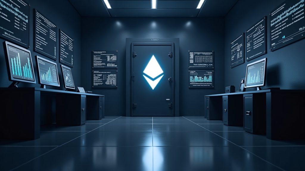 Photorealistic header: corporate treasury room with a glowing Ethereum symbol, dashboards, and a secure vault.