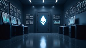 Photorealistic header: corporate treasury room with a glowing Ethereum symbol, dashboards, and a secure vault.