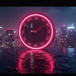 Moody neon cityscape showing Bitcoin fear gauge at 12, BTC emblem, price band 62k-63k, with streaming data and charts.
