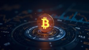 Bitcoin logo centered over a holographic dashboard illustrating negative perpetual funding rates and rising short interest.