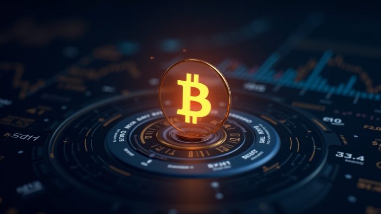 Bitcoin logo centered over a holographic dashboard illustrating negative perpetual funding rates and rising short interest.