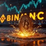 Photorealistic Bitcoin transfer entering the Binance logo with on-chain analytics glow and newsroom backdrop.