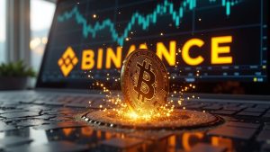 Photorealistic Bitcoin transfer entering the Binance logo with on-chain analytics glow and newsroom backdrop.