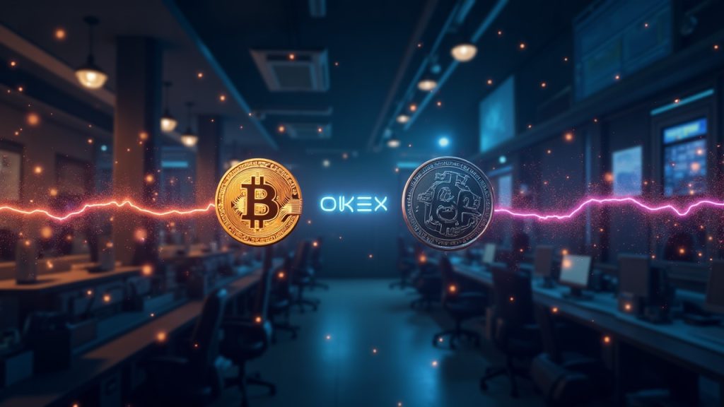 Photorealistic scene of a large BTC transfer from OKEX to an unlabeled wallet, neon blockchain lines tracing a hash.
