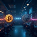 Photorealistic scene of a large BTC transfer from OKEX to an unlabeled wallet, neon blockchain lines tracing a hash.