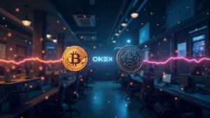 Photorealistic scene of a large BTC transfer from OKEX to an unlabeled wallet, neon blockchain lines tracing a hash.