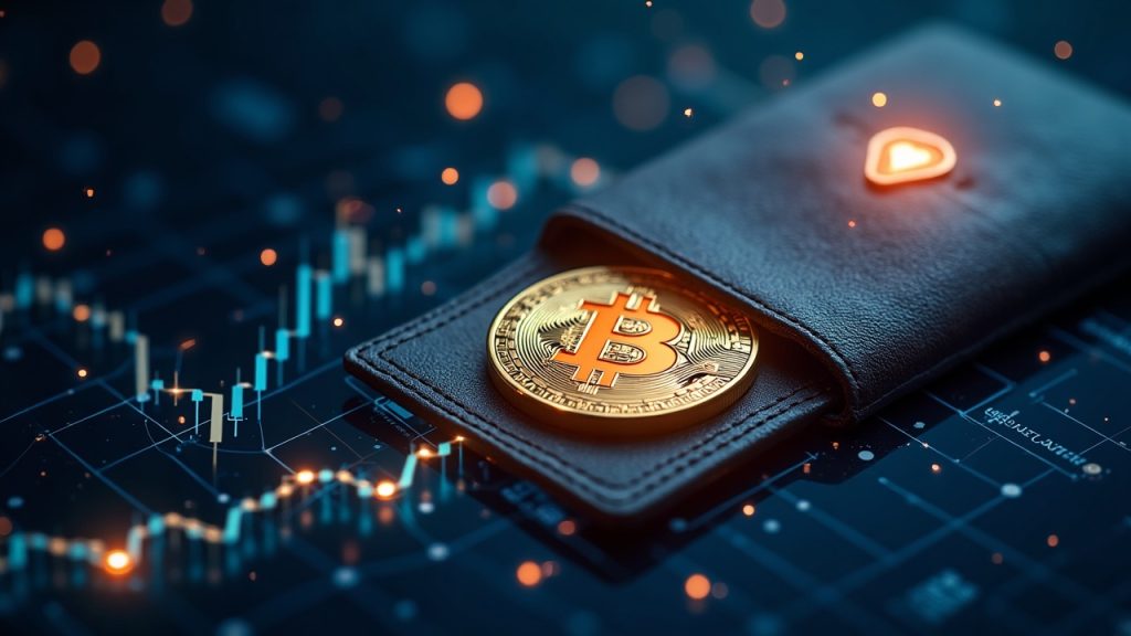 Bitcoin moves from an exchange to a non-custodial wallet, overlaid with an on-chain ledger trace and bc1q2 motif.
