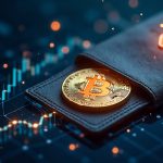 Bitcoin moves from an exchange to a non-custodial wallet, overlaid with an on-chain ledger trace and bc1q2 motif.