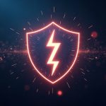 Photorealistic glowing lightning bolt inside a quantum shield over a Bitcoin blockchain backdrop, signaling privacy and security.