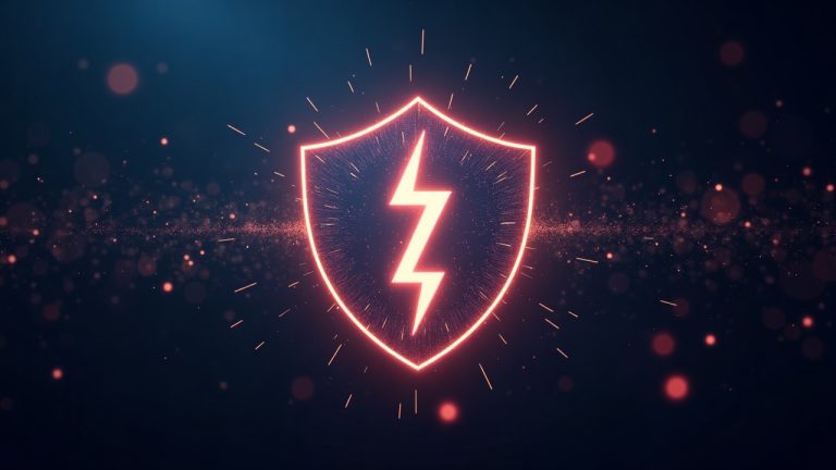 Photorealistic glowing lightning bolt inside a quantum shield over a Bitcoin blockchain backdrop, signaling privacy and security.