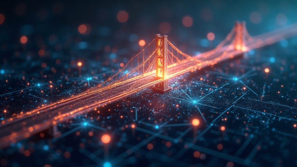 Photorealistic glowing bridge links blockchains as tokenized real-world assets flow across networks.