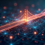 Photorealistic glowing bridge links blockchains as tokenized real-world assets flow across networks.