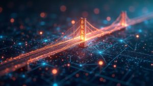 Photorealistic glowing bridge links blockchains as tokenized real-world assets flow across networks.