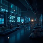 Photorealistic BTC options expiry scene with large numbers on screens, dramatic lighting, and interconnected nodes.