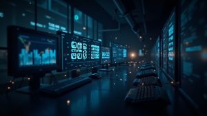 Photorealistic BTC options expiry scene with large numbers on screens, dramatic lighting, and interconnected nodes.