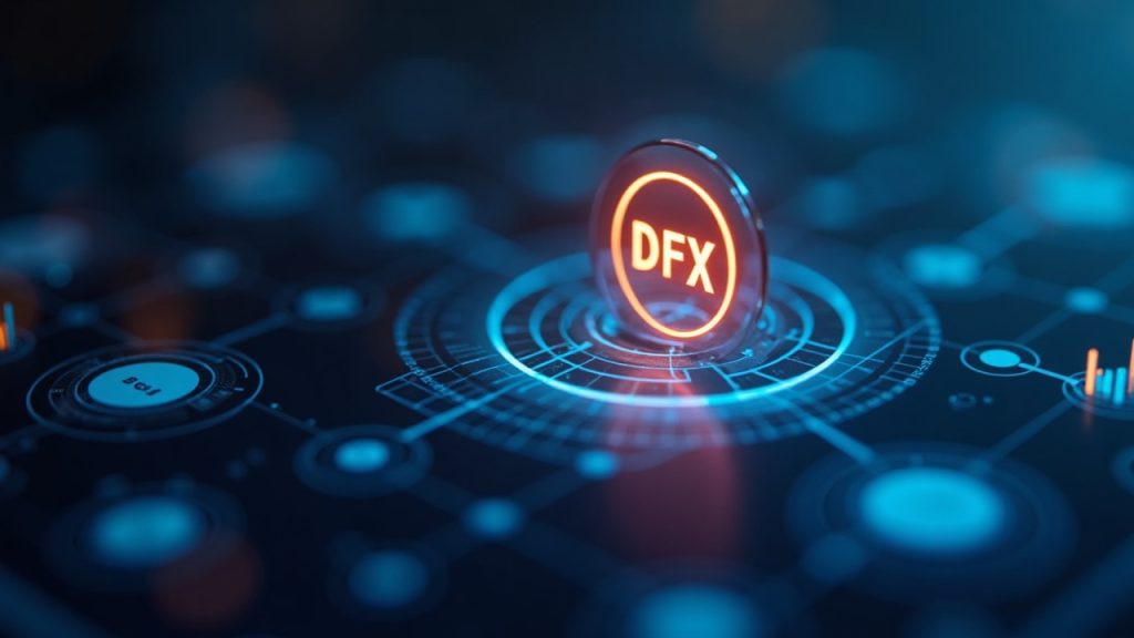 Close-up of a digital wallet connected to a recovery portal, with a glowing DFX icon and background data charts.