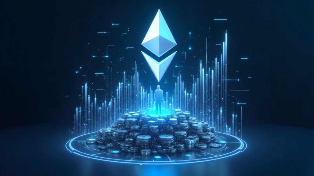 Futuristic crypto treasury hub with a bold Ethereum logo, rising charts, and a central executive silhouette.