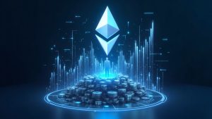 Futuristic crypto treasury hub with a bold Ethereum logo, rising charts, and a central executive silhouette.